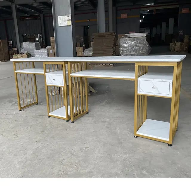 Luxury Marble Gold Manicure Table with Gold Frame - View 1 - Tessla Equipment Store