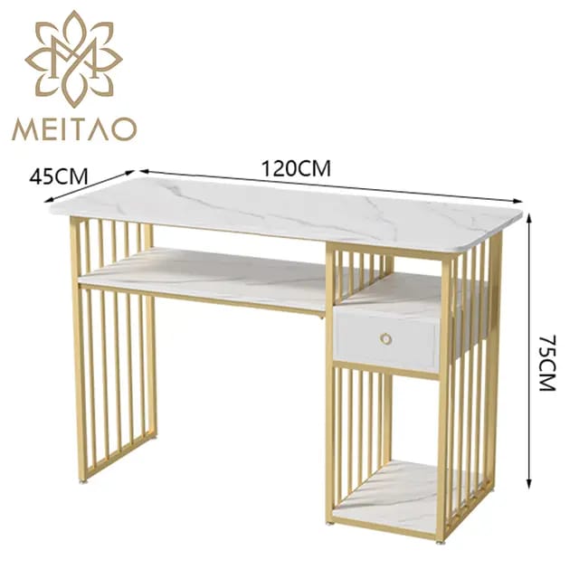 Luxury Marble Gold Manicure Table with Gold Frame - View 2 - Tessla Equipment Store